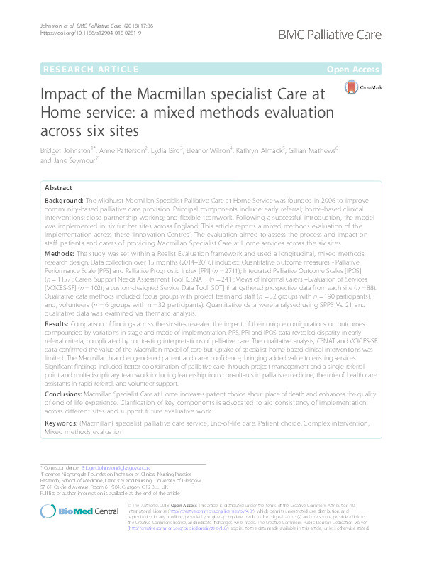 Impact of the Macmillan specialist Care at Home service: a mixed methods evaluation across six sites Thumbnail