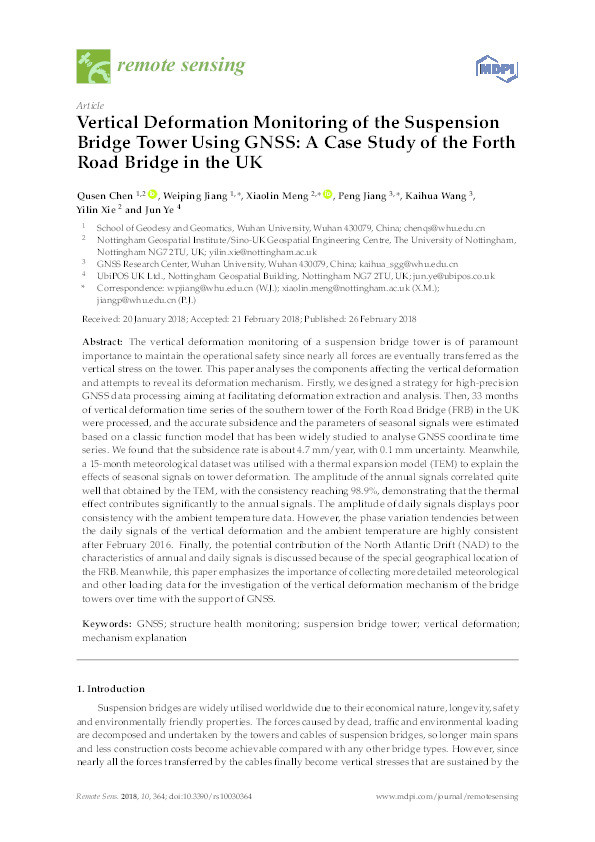 Vertical deformation monitoring of the suspension bridge tower using GNSS: a case study of the Forth Road Bridge in the UK Thumbnail