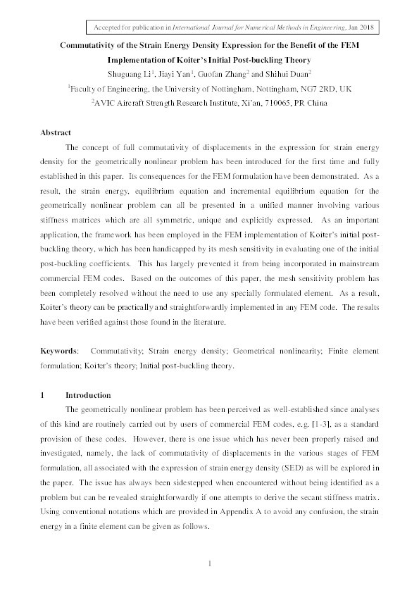 Commutativity of the strain energy density expression for the benefit of the FEM implementation of Koiter's initial postbuckling theory Thumbnail