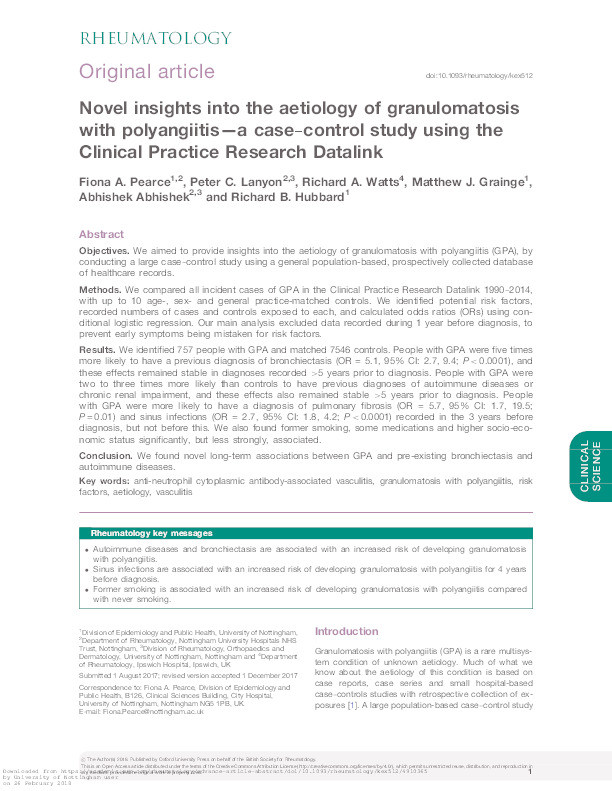 Novel insights into the aetiology of granulomatosis with polyangiitis—a case–control study using the Clinical Practice Research Datalink Thumbnail