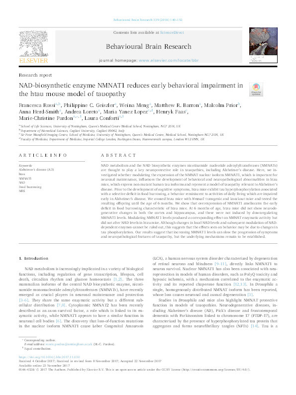 NAD-biosynthetic enzyme NMNAT1 reduces early behavioral impairment in the htau mouse model of tauopathy Thumbnail