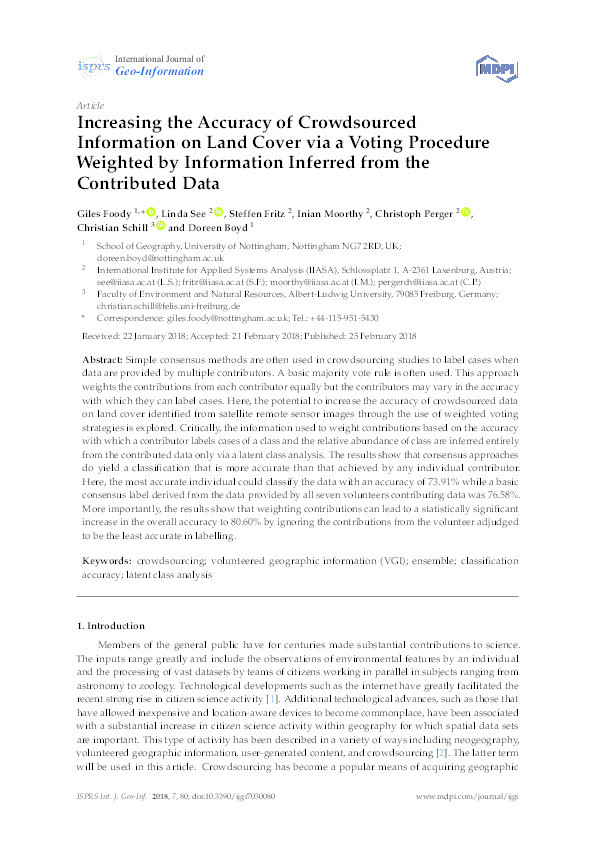 Increasing the accuracy of crowdsourced information on land cover via a voting procedure weighted by information inferred from the contributed data Thumbnail
