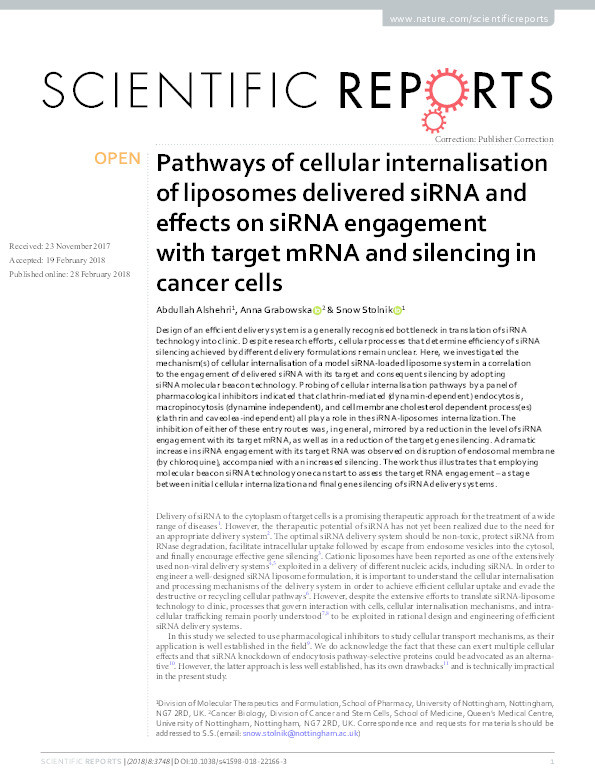 Pathways of cellular internalisation of liposomes delivered siRNA and effects on siRNA engagement with target mRNA and silencing in cancer cells Thumbnail