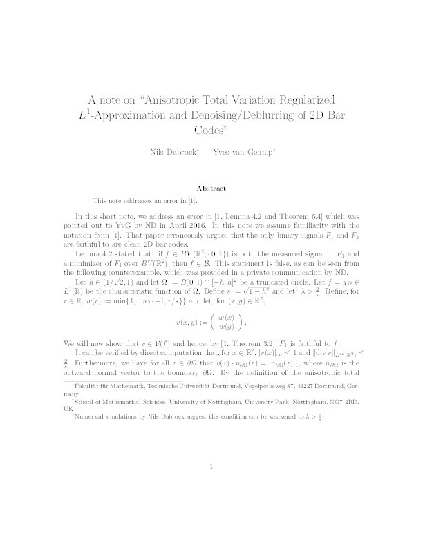 A note on "Anisotropic total variation regularized L1-approximation and denoising/deblurring of 2D bar codes" Thumbnail
