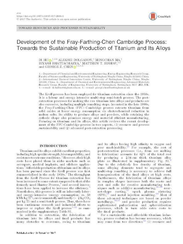 Development of the Fray-Farthing-Chen Cambridge Process: towards the sustainable production of titanium and its alloys Thumbnail