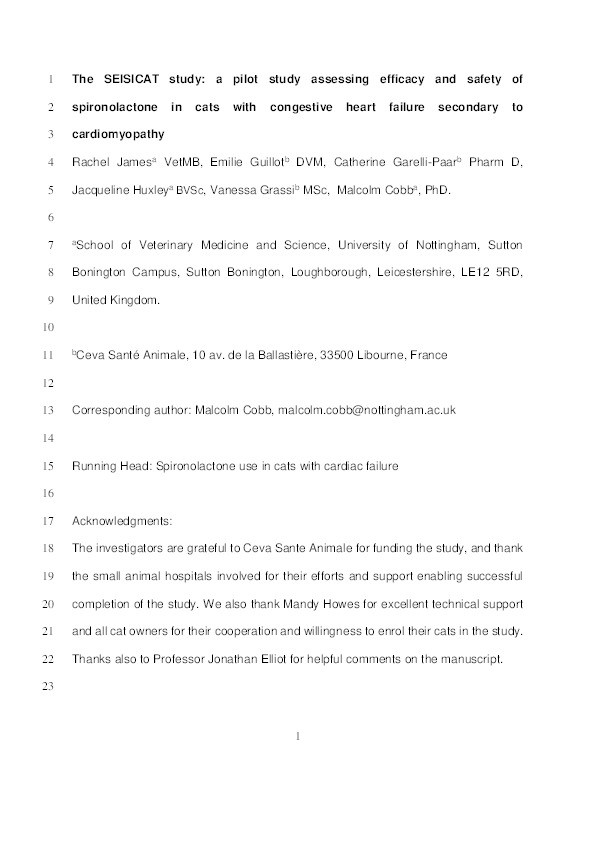 The SEISICAT study: a pilot study assessing 1 efficacy and safety of spironolactone in cats with congestive heart failure secondary to cardiomyopathy Thumbnail
