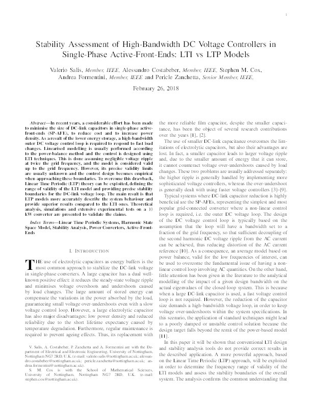 Stability assessment of high-bandwidth DC voltage controllers in single-phase active-front-ends: LTI vs LTP models Thumbnail