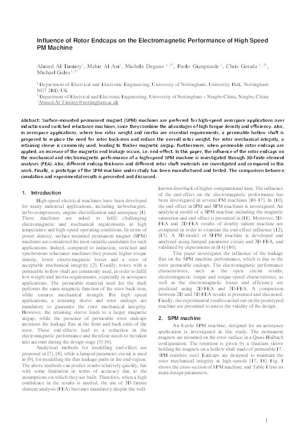 Influence of rotor endcaps on the electromagnetic performance of high speed PM machine Thumbnail