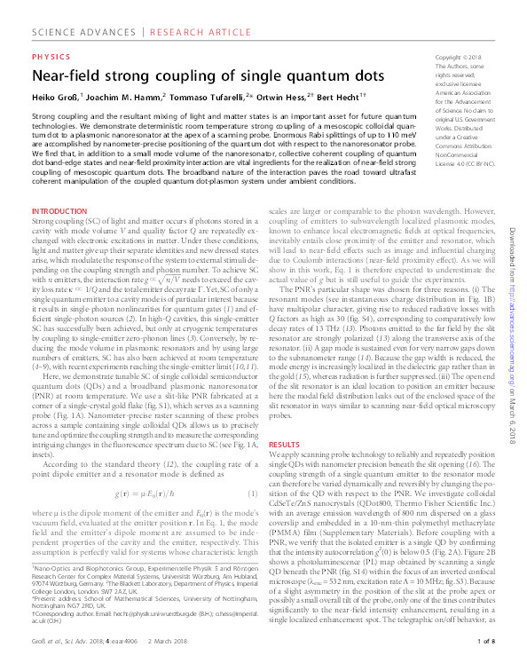 Near-field strong coupling of single quantum dots Thumbnail