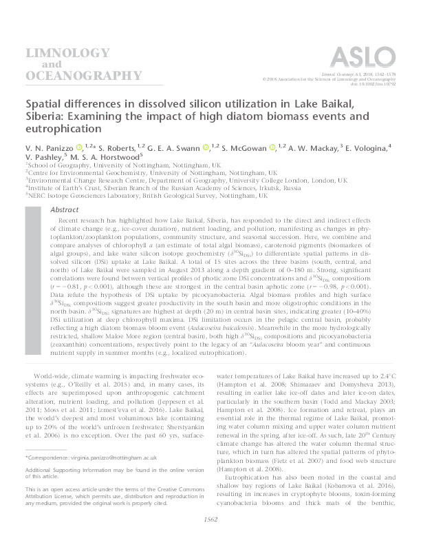 Spatial differences in dissolved silicon utilisation in Lake Baikal, Siberia: examining the impact of high diatom biomass events and eutrophication Thumbnail