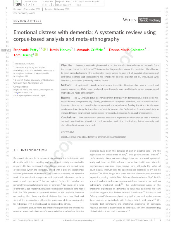 Emotional distress with dementia: a systematic review using corpus‐based analysis and metaethnography Thumbnail