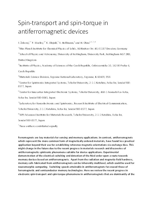 Spin transport and spin torque in antiferromagnetic devices Thumbnail
