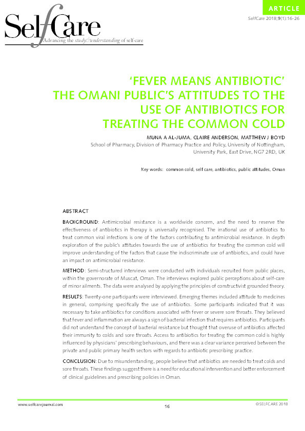 “Fever means antibiotic”, the Omani public’s attitudes to the use of antibiotics for treating the common cold Thumbnail