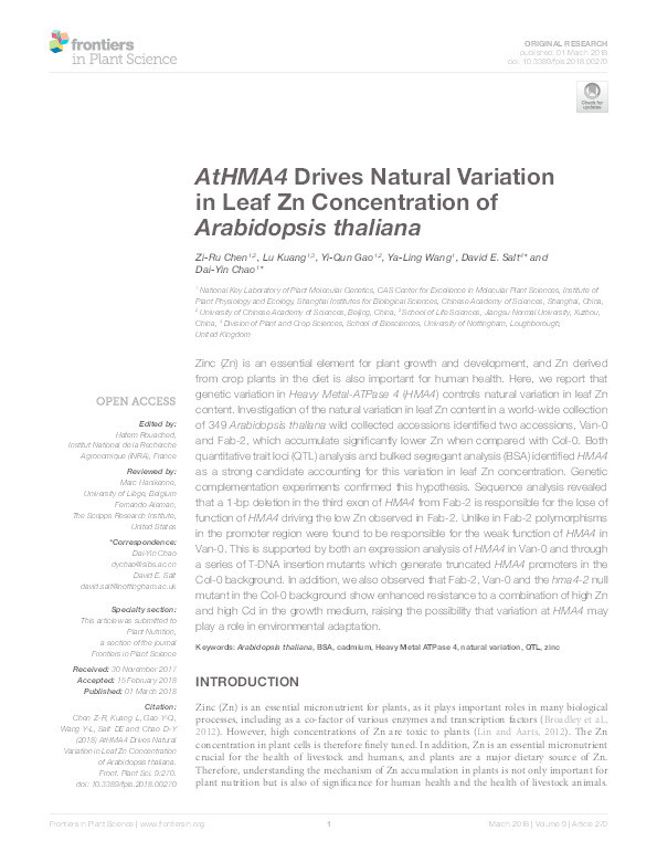 AtHMA4 drives natural variation in leaf Zn concentration of Arabidopsis thaliana Thumbnail