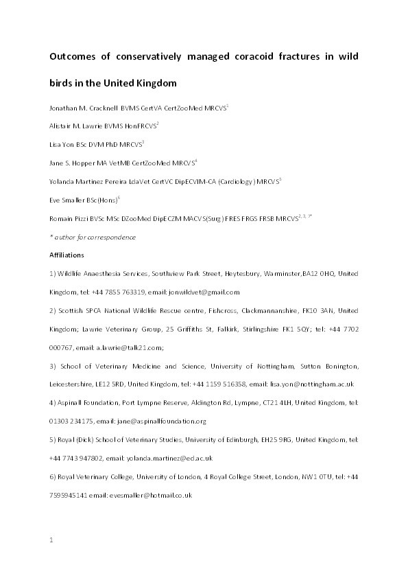 Outcomes of conservatively managed coracoid fractures in wild birds in the United Kingdom Thumbnail