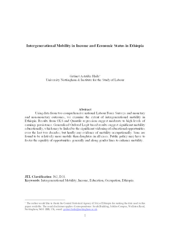 Intergenerational mobility in socio-economic status in Ethiopia Thumbnail