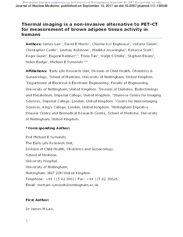 Thermal imaging is a non-invasive alternative to PET-CT for measurement of brown adipose tissue activity in humans Thumbnail