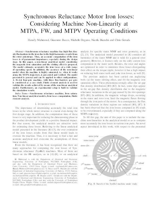 Synchronous reluctance motor iron losses: considering machine non-linearity at MTPA, FW, and MTPV operating conditions Thumbnail