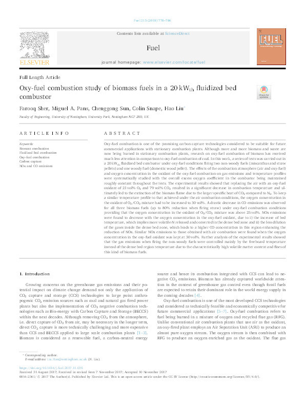 Oxy-fuel combustion study of biomass fuels in a 20 kWth fluidized bed combustor Thumbnail