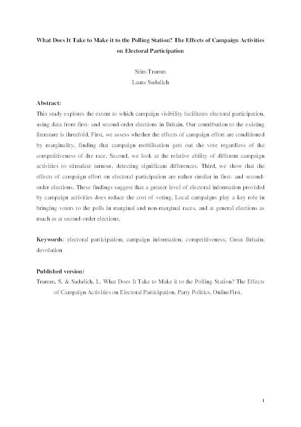 What does it take to make it to the polling station? The effects of campaign activities on electoral participation Thumbnail