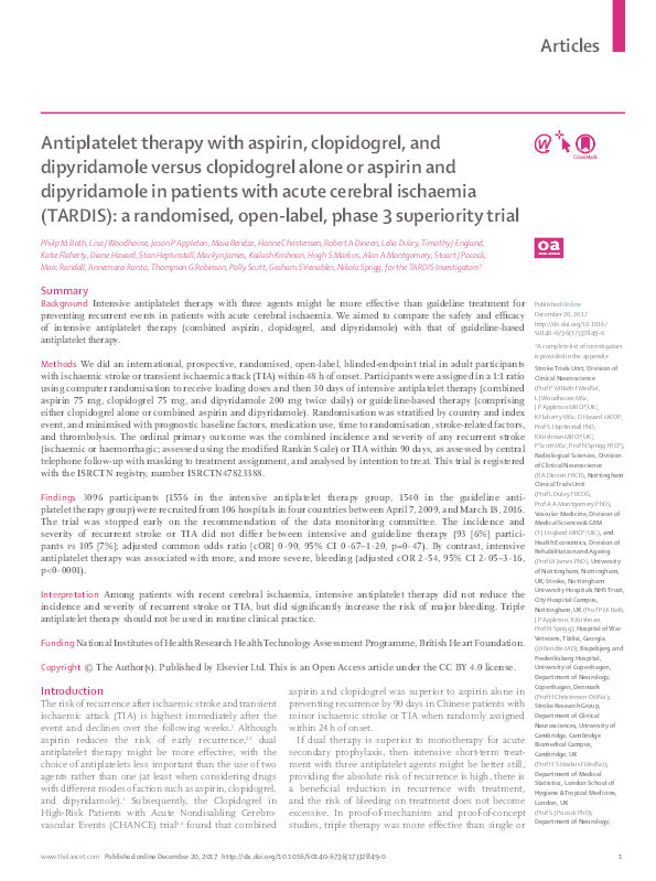 Antiplatelet therapy with aspirin, clopidogrel, and dipyridamole versus clopidogrel alone or aspirin and dipyridamole in patients with acute cerebral ischaemia (TARDIS): a randomised, open-label, phase 3 superiority trial Thumbnail