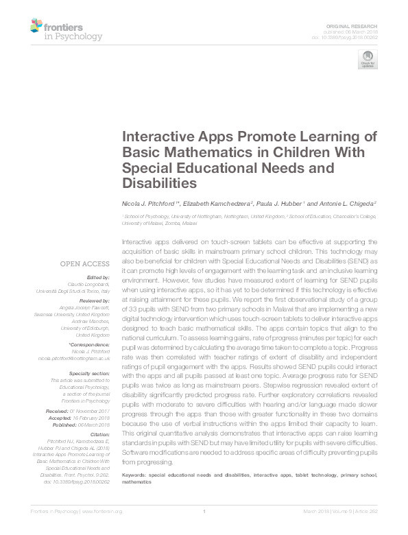 Interactive apps promote learning of basic mathematics in children with special educational needs and disabilities Thumbnail