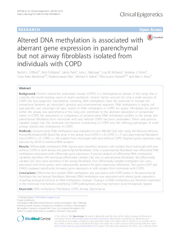 Altered DNA methylation is associated with aberrant gene expression in parenchymal but not airway fibroblasts isolated from individuals with COPD Thumbnail