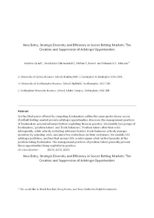 New entry, strategic diversity and efficiency in soccer betting markets: the creation and suppression of arbitrage opportunities Thumbnail