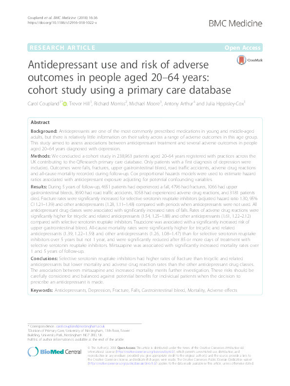 Antidepressant use and risk of adverse outcomes in people aged 20–64 years: cohort study using a primary care database Thumbnail
