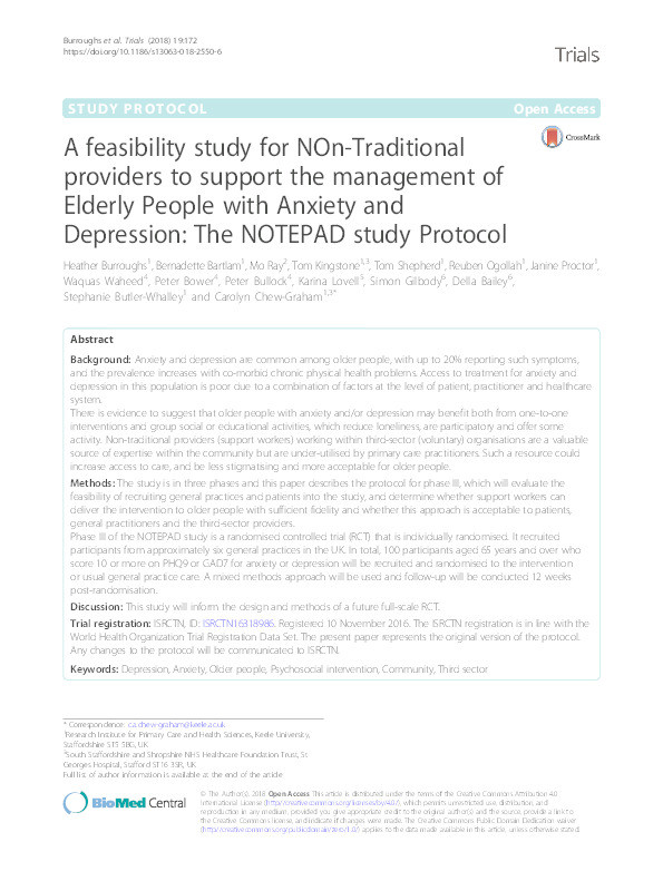 A feasibility study for NOn-Traditional providers to support the management of Elderly People with Anxiety and Depression: the NOTEPAD study Protocol Thumbnail