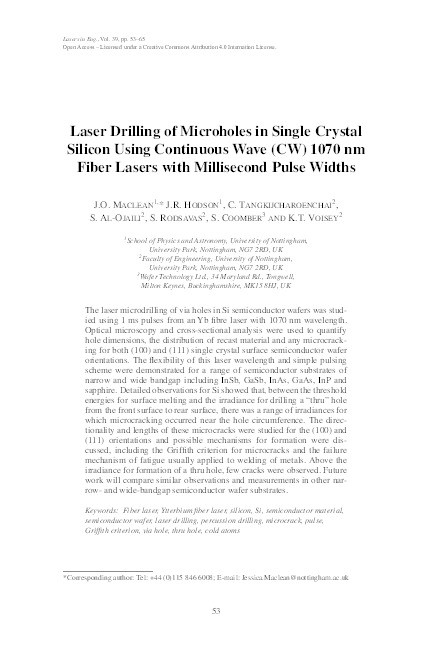 Laser drilling of microholes in single crystal silicon using continuous wave (CW) 1070 nm fiber lasers with millisecond pulse widths Thumbnail