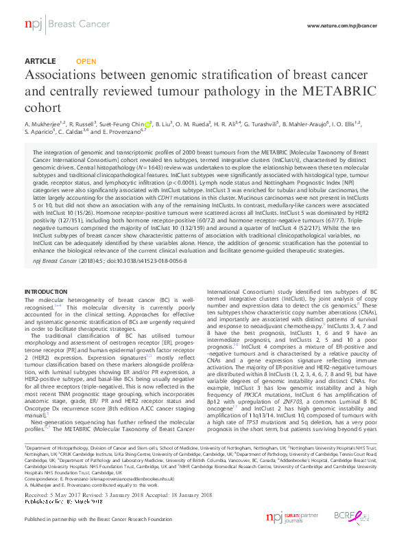 Associations between genomic stratification of breast cancer and centrally reviewed tumour pathology in the METABRIC cohort Thumbnail