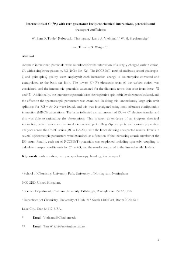 Interactions of C+(2PJ) with rare gas atoms: incipient chemical interactions, potentials and transport coefficients Thumbnail