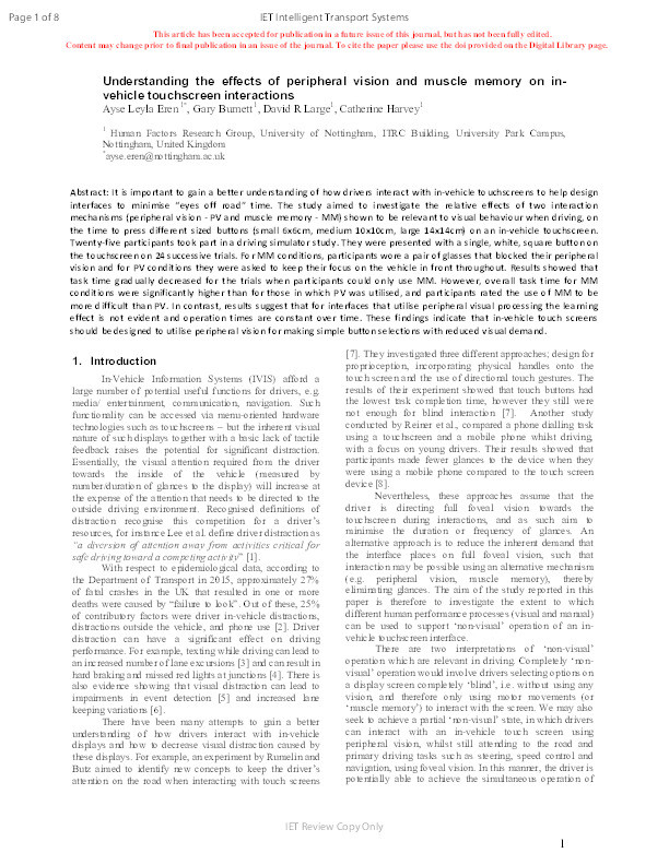 Understanding the effects of peripheral vision and muscle memory on in-vehicle touchscreen interactions Thumbnail