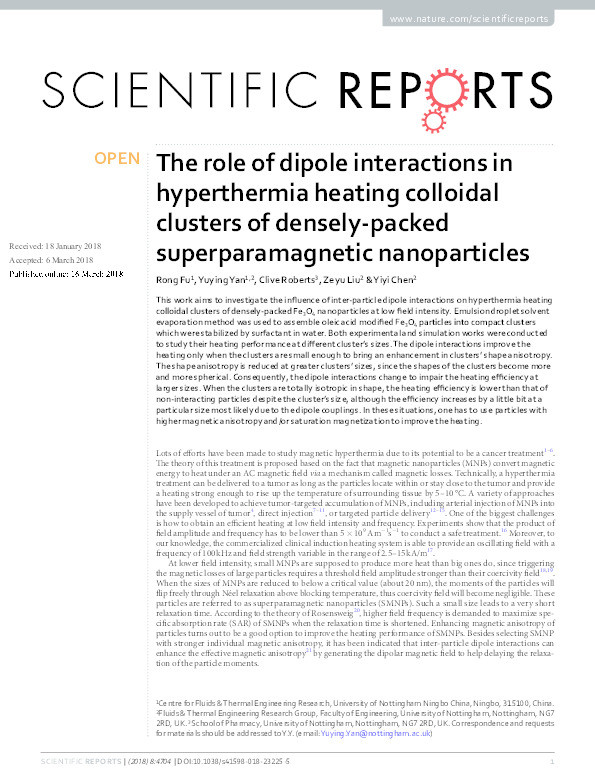 The role of dipole interactions in hyperthermia heating colloidal clusters of densely-packed superparamagnetic nanoparticles Thumbnail
