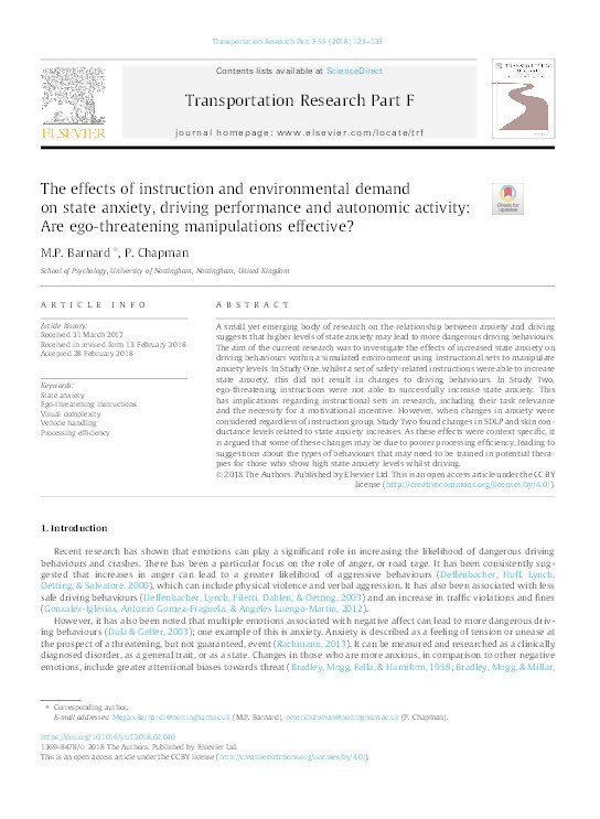 The effects of instruction and environmental demand on state anxiety, driving performance and autonomic activity: Are ego-threatening manipulations effective? Thumbnail