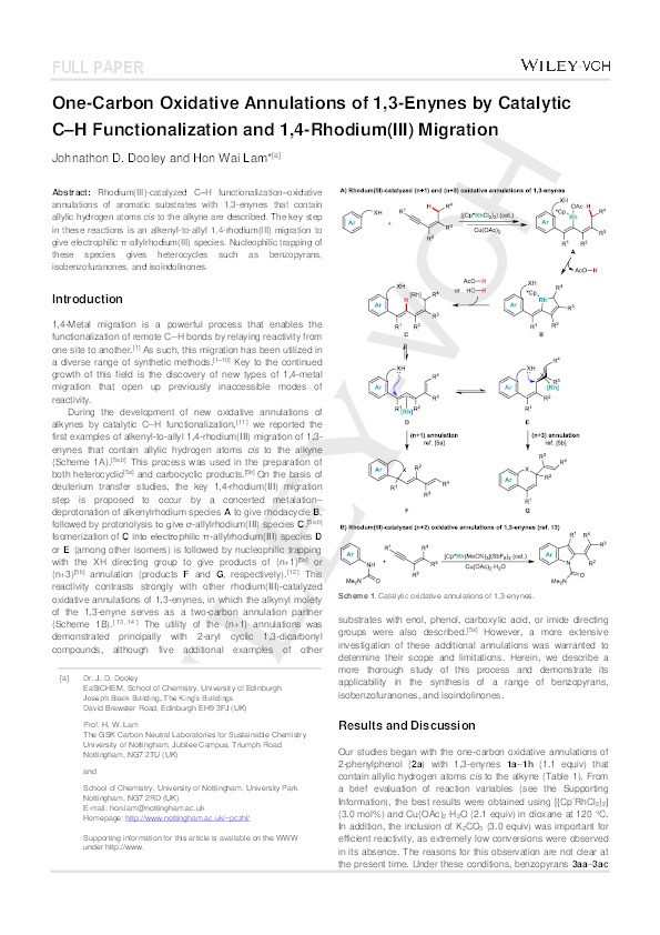 One-carbon oxidative annulations of 1,3-enynes by catalytic C–H functionalization and 1,4-rhodium(III) migration Thumbnail