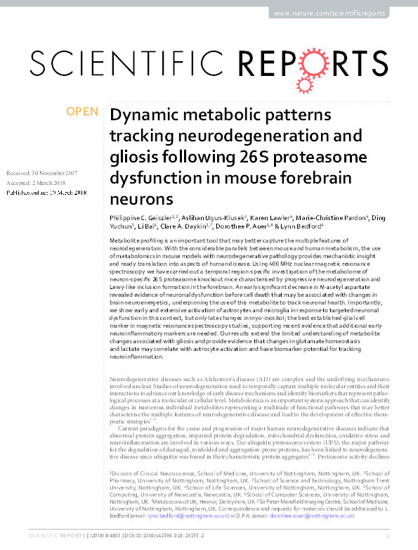 Dynamic metabolic patterns tracking neurodegeneration and gliosis following 26S proteasome dysfunction in mouse forebrain neurons Thumbnail