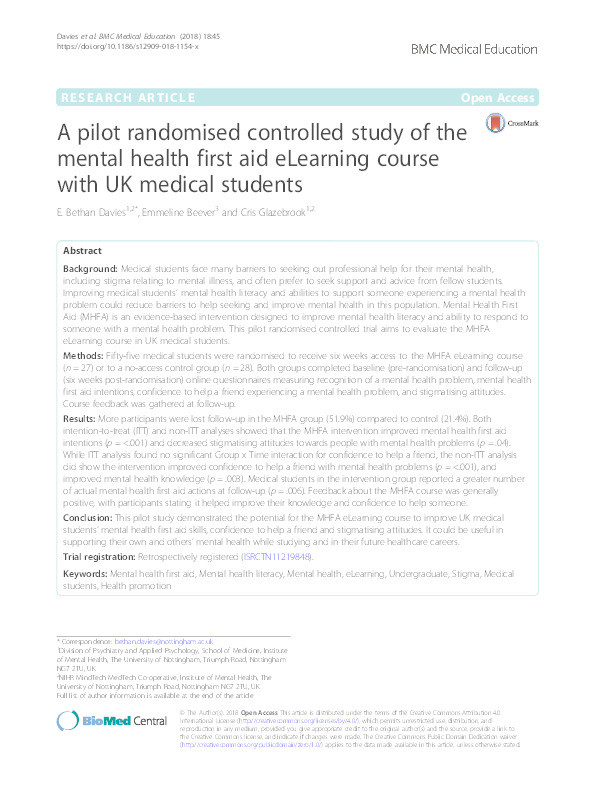 A pilot randomized controlled study of the mental health first aid elearning course with UK medical students Thumbnail