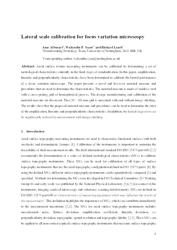 Lateral scale calibration for focus variation microscopy Thumbnail