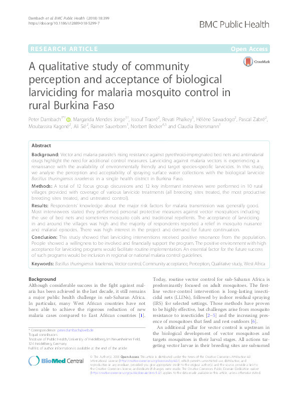 A qualitative study of community perception and acceptance of biological larviciding for malaria mosquito control in rural Burkina Faso Thumbnail