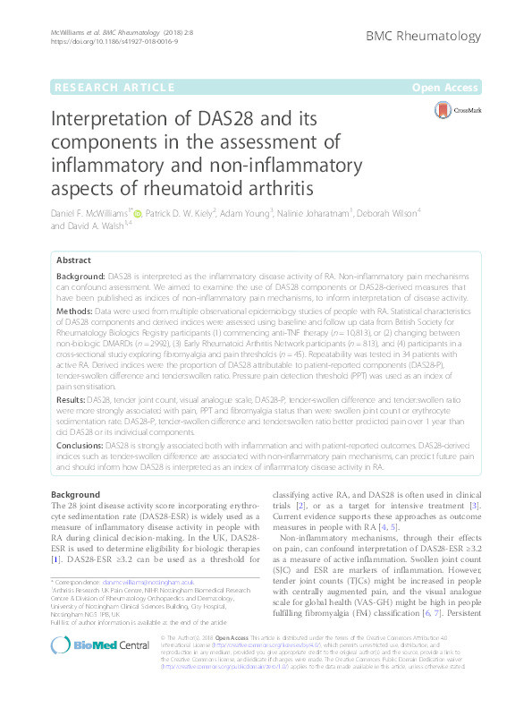 Interpretation of DAS28 and its components in the assessment of inflammatory and non-inflammatory aspects of rheumatoid arthritis Thumbnail