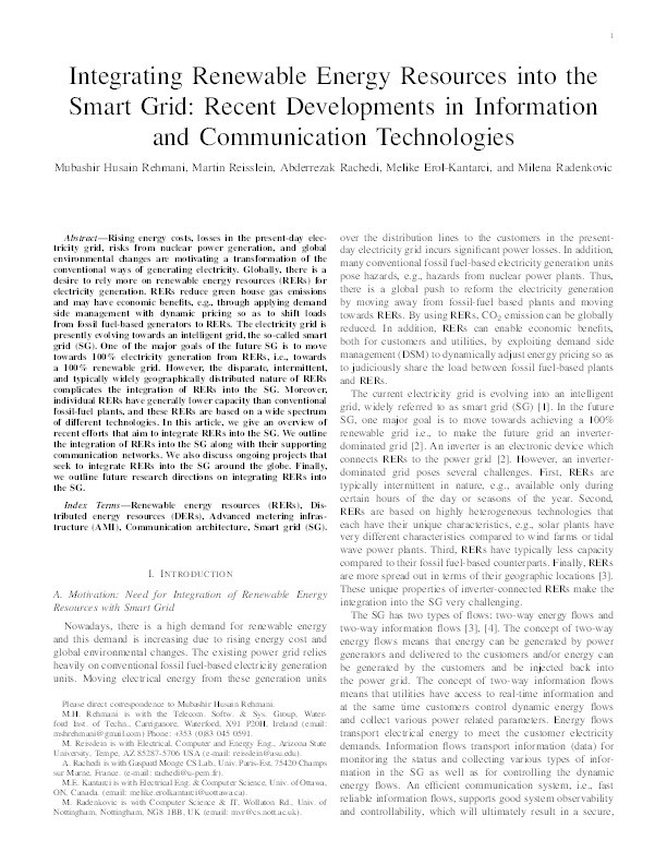 Integrating renewable energy resources into the smart grid: recent developments in information and communication technologies Thumbnail