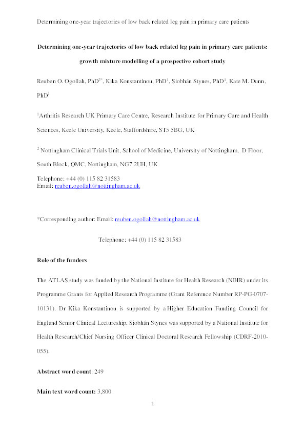 Determining one-year trajectories of low back related leg pain in primary care patients: growth mixture modelling of a prospective cohort study Thumbnail