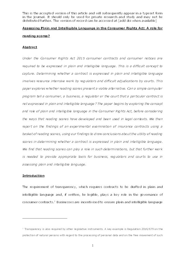 Assessing plain and intelligible language in the Consumer Rights Act: a role for reading scores? Thumbnail
