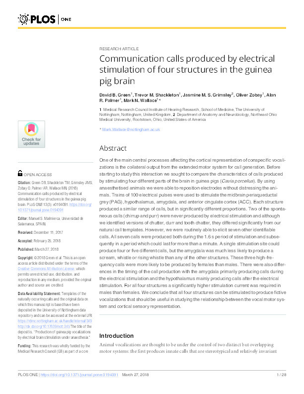 Communication calls produced by electrical stimulation of four structures in the guinea pig brain Thumbnail