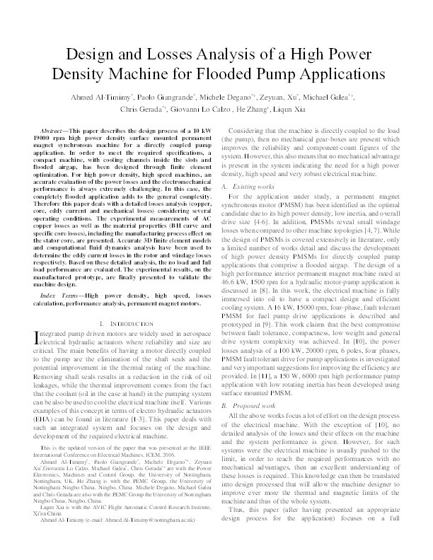 Design and losses analysis of a high power density machine for flooded pump applications Thumbnail