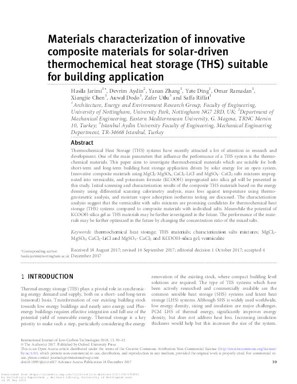 Materials characterization of innovative composite materials for solar-driven thermochemical heat storage (THS) suitable for building application Thumbnail