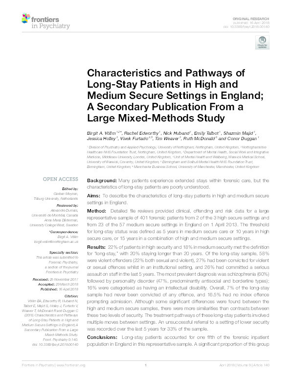Characteristics and pathways of long-stay patients in high and medium secure settings in England : a secondary publication from a large mixed-methods study Thumbnail