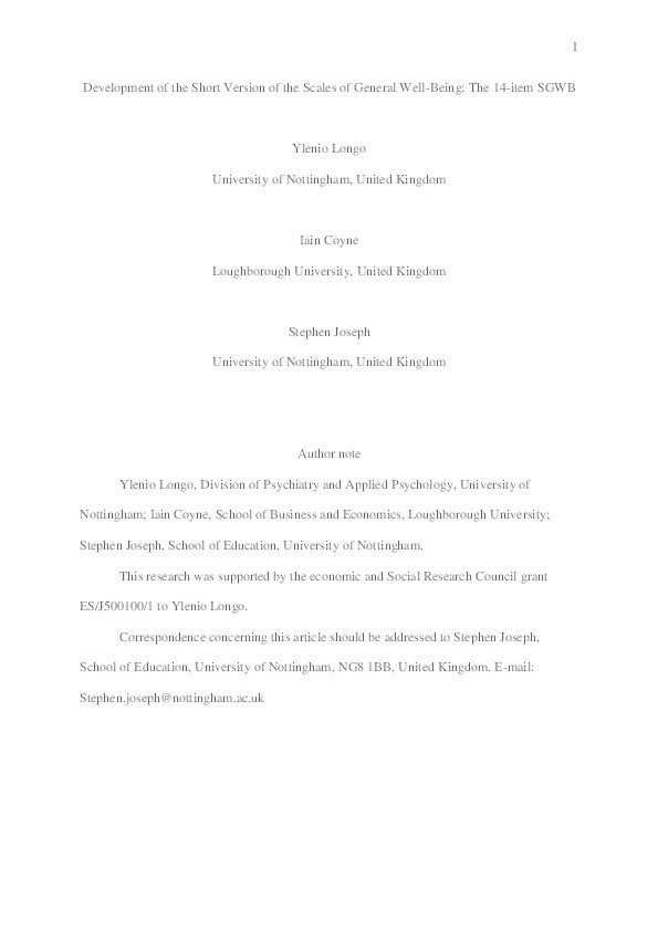 Development of the short version of the Scales of General Well-Being: the 14-item SGWB Thumbnail